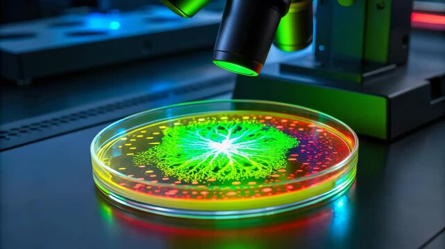 Petri dish with colorful growth patterns under a microscope light.