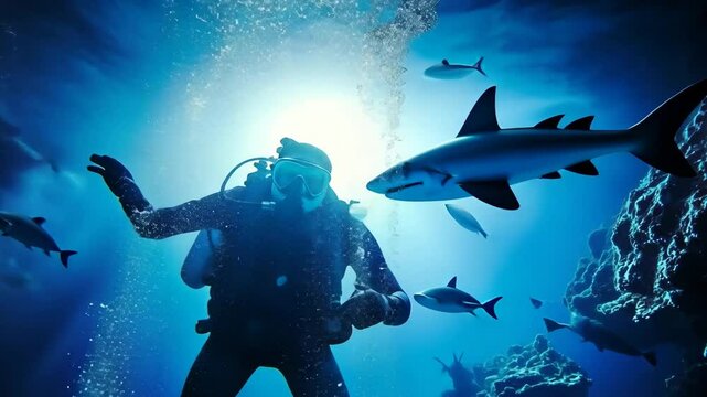 Deep sea diver battles broken oxygen supply while navigating underwater world with sharks in clear blue waters