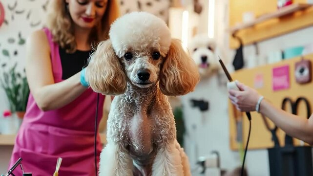Dog groomer skillfully trims poodle in bright, cheerful pet salon setting