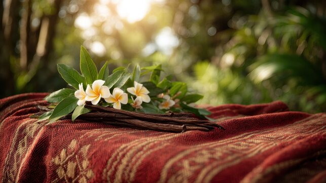 Handwoven lamba with vanilla pods and hibiscus, celebrating Madagascar's vibrant culture and natural bounty.
