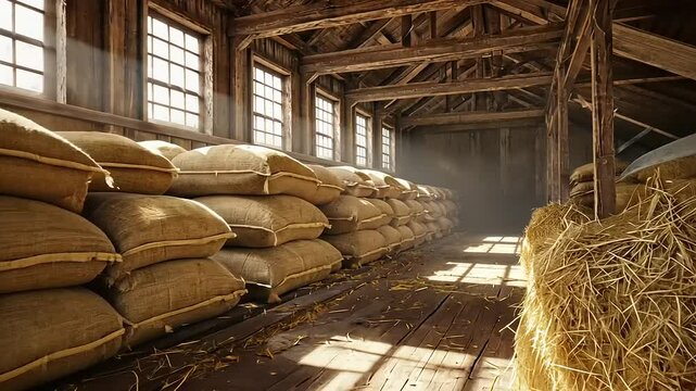 Rustic barn interior filled with burlap sacks.