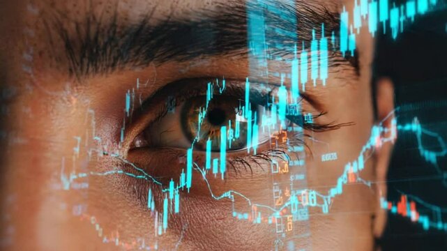 Extreme closeup of a focused man&rsquo;s right eye, iris dynamic holographic candlestick charts stock tickers streaming blink causes data shift. macro lens, lighting, cool teal accents, slight cinematic