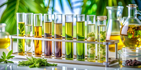 A laboratory countertop displays a diverse collection of test tubes filled with colorful liquids and plant materials. Sunlight enhances the vibrant hues and scientific atmosphere