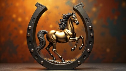 Elegant golden Horse Statue in Horseshoe Frame - Unique Home Decoration"