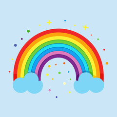 Colorful rainbow with confetti against a light blue background  