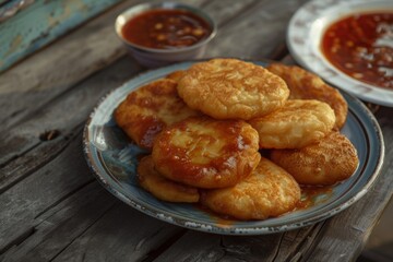 Akara: Fried bean cakes arranged on a plate with a side of chili sauce