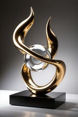 Elegant Modern Sculpture with Gold and Glass Elements on Black Base.