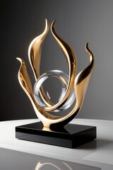 Elegant Modern Sculpture with Gold and Glass Elements on Black Base.