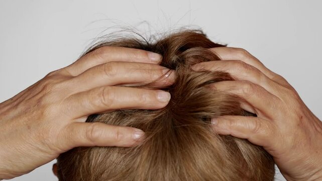 Senior woman with gray hair suffering from dry scalp and dandruff. Concept of hair care and skin treatment in elderly age.