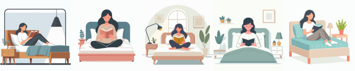 a person reading a book in bed style vector flat design