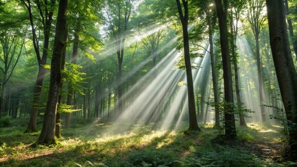 Fototapeta premium Beautiful rays of sunlight in a green forest