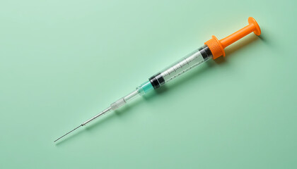 Fototapeta premium The syringe is positioned on a soft green background, highlighting its purpose in medical applications. It reflects the importance of vaccinations and healthcare