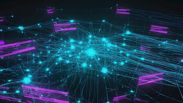Futuristic graphic interface expansive wireframe neural network mesh, dynamic node light-ups, data surges traveling along connections, key nodes, neon cyan and magenta, smooth continuous