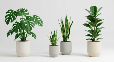 Obraz premium A collection of four potted plants including monstera and snake plants against a white background