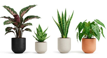 Fototapeta premium Assortment of four potted plants including calathea snake plant and alocasia on a white background
