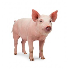 A full body shot of a pink pig standing on a white background looking directly at the camera smiling