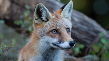 Fototapeta premium Red fox portrait with piercing blue eyes in forest setting 