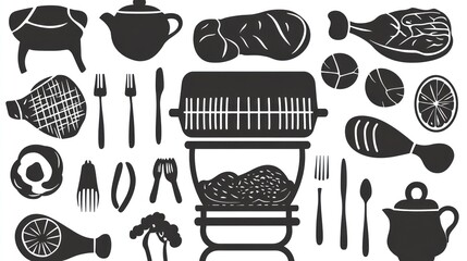 Black and white culinary silhouette assortment, depicting various food items and cooking tools