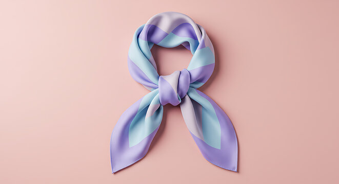 "A beautifully tied silk or satin scarf, featuring elegant pastel stripes in shades of lavender, light blue, and a softer complementary hue, is gracefully knotted and laid flat