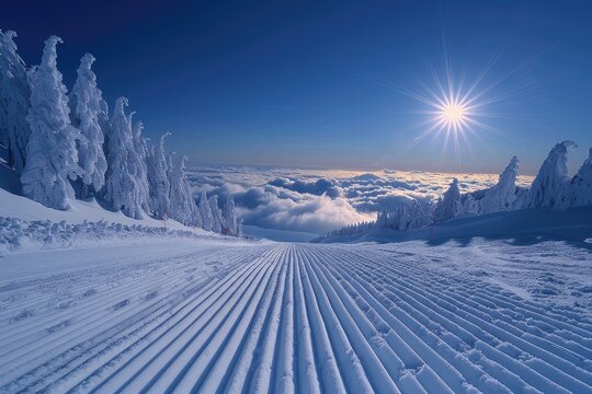 A snowy ski slope leads toward a beautiful bright sunny sky - Powered by Adobe