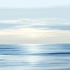 Fototapeta premium Serene coastal sunrise. Soft pastel hues of light blue and white depict a tranquil ocean horizon at sunrise. Gentle waves and a soft, diffused sky create a peaceful scene