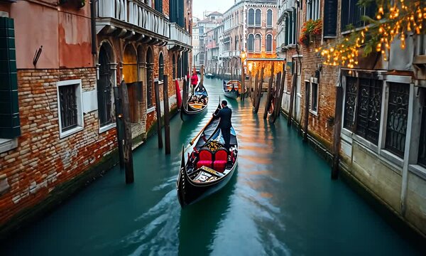Gondola in Venetian canal at dusk
