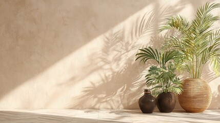 Textured Wall with Shadows of Tropical Plants in Sunlight