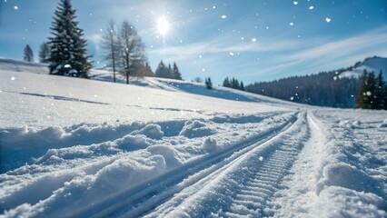 Obraz premium A bright winter scene features snow-covered rolling hills with ski or snowmobile tracks leading into a distance dotted with trees under a clear, sunny sky with falling snow