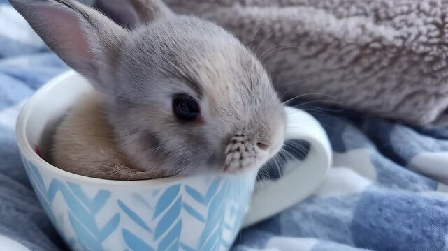 Charming baby rabbit nestled inside a patterned teacup on a blue gingham patterned blanket in soft cozy lighting, adorable and sweet