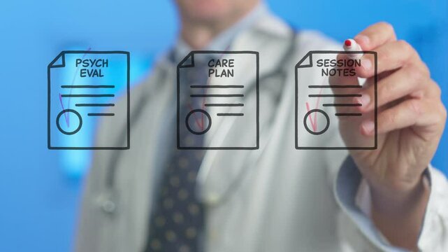 Medical professional marking and finalizing digital documents on transparent board, demonstrating efficient workflow and innovative healthcare documentation process