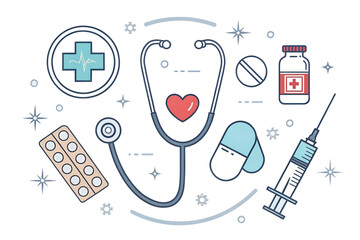  a collection of medical-themed illustrations arranged on a transparent background