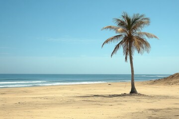 Obraz premium A solitary palm tree stands on a bright sunny beach