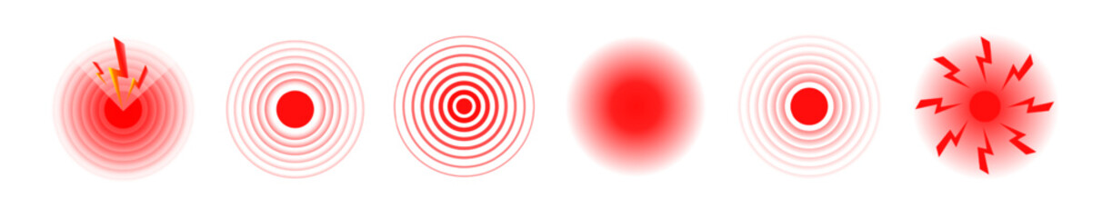 Pain red circle or localization mark, aching place sign, abstract symbol of pain, sore spot or hurt body part marker, design element for painkiller advertisement and medical information posters