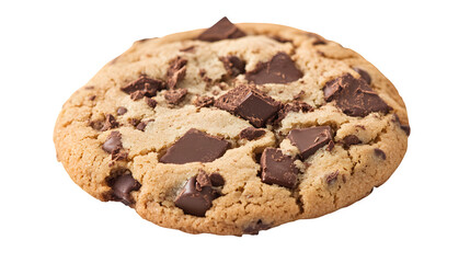A close-up of a chocolate chip cookie with gooey chocolate chunks, isolated on white background