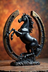 Elegant Black Horse Statue in Horseshoe Frame - Unique Home decoration.