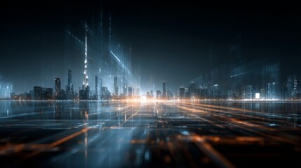 Futuristic cityscape at night with bright neon lights digital art glow dark blue view data urban