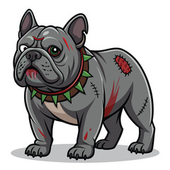 A gruesomely detailed illustration of a one-eyed bulldog zombie, stitched wounds visible, decaying flesh,  depicting horror and macabre aesthetics.