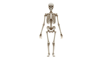 Full anatomical human skeleton, standing upright, neutral pose isolated on transparent background