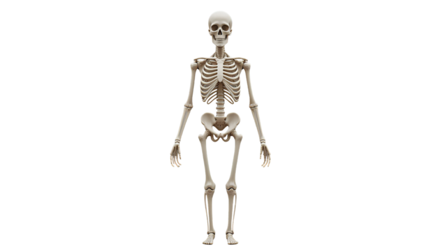 Full anatomical human skeleton, standing upright, neutral pose isolated on transparent background