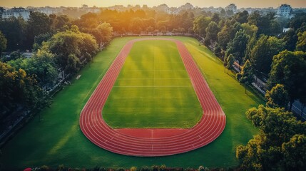 Empty outdoor athletic track at sunrise, surrounded by trees