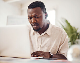 Black man, thinking and confused with laptop for internet 404, networking and schedule fail in...