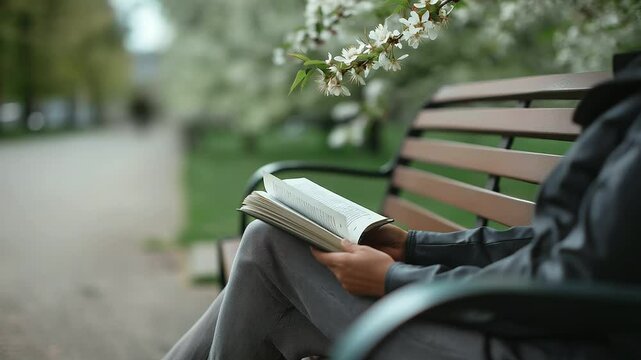 A person reading a book on a park bench in a serene setting