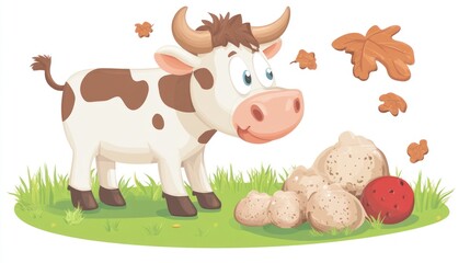 Obraz premium Cartoon brown cow in grass with leaves, potatoes, and a red ball, isolated