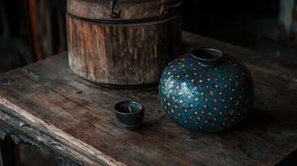 Fototapeta premium Rustic wooden table holds ceramic objects of varying shapes