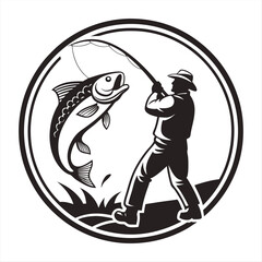 Vintage Fisherman Catching Big Fish - Black and White Retro Logo Design.