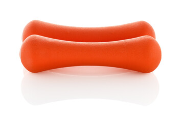 Two orange rubberized dumbbells isolated on white background. Sports equipment. Full depth of field.