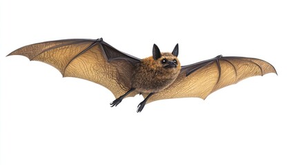 Obraz premium Brown bat in flight on a clean white backdrop with visible wings and feet