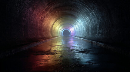 A dark tunnel with colorful lights reflecting on the wet floor leading to a bright light at the end