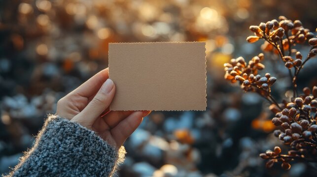 Woman s Hand Holding Blank Brown Card Autumnal Background Mockup