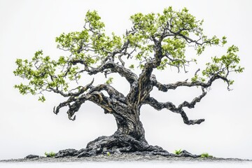 Fototapeta premium A majestic, ancient tree with gnarled branches and vibrant green leaves stands out against a stark white background, exuding strength and timeless beauty.